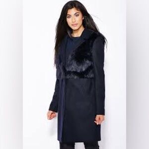 TopShop Longline Pea Coat Faux Fur Wool Blend Navy Sz Us 8
